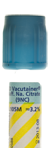 Closeup of vial with a light blue top.